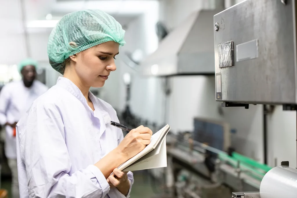 A woman wearing a hand net inspects food manufacturing equipment and takes notes in a notebook.