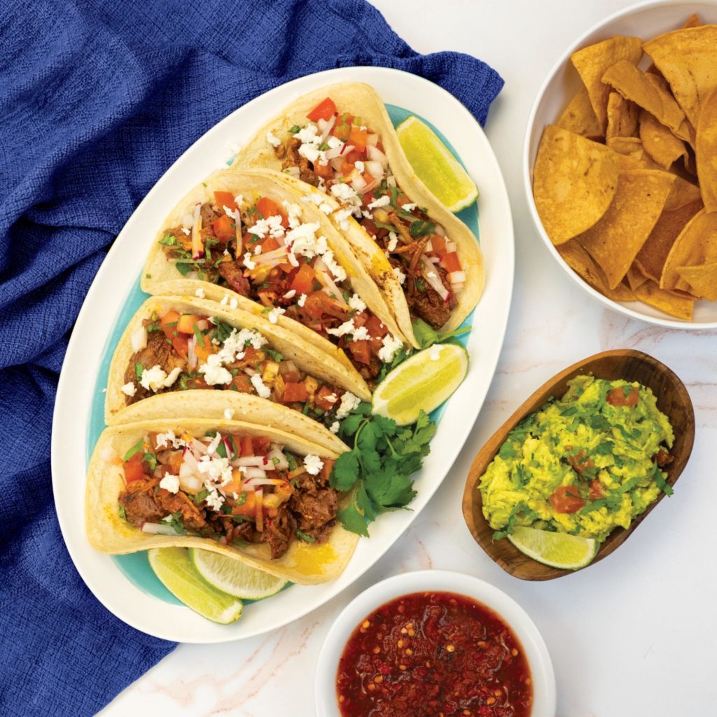 fresh tacos with chips and guac