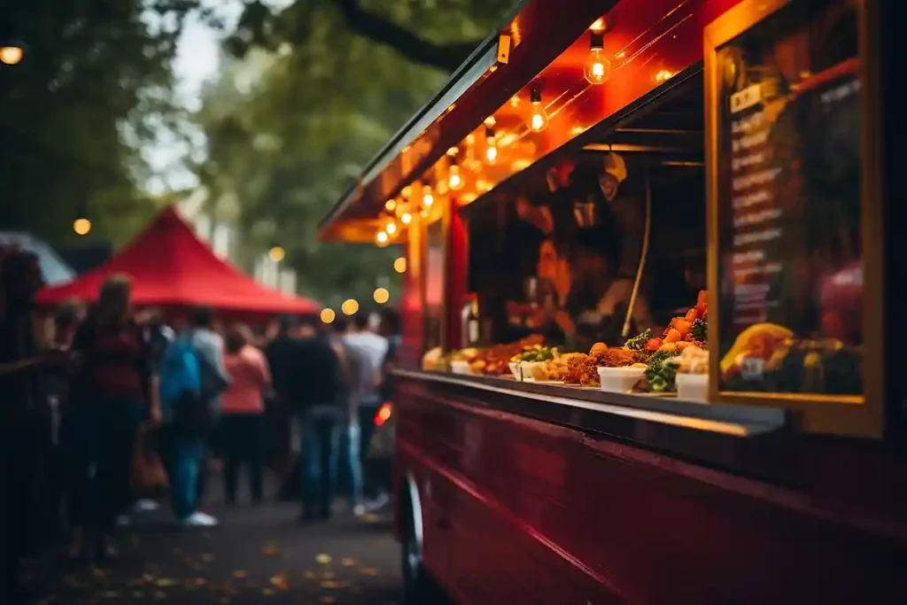 Photograph of a red food truck counter with string lights overhead and a crowd of people out of focus in the background.