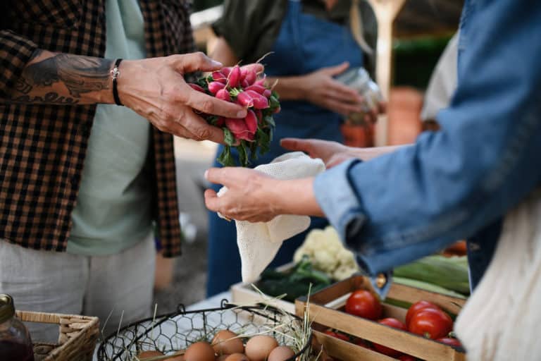 A close up of mans hands buying organic vegetables outdoors at local farmers market.