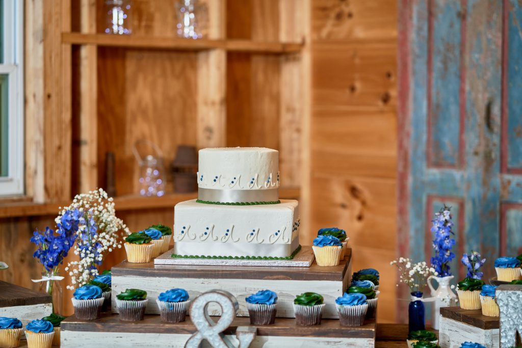 A two-tiered wedding cake on a wooden platform, surrounded by cupcakes with blue frosting.