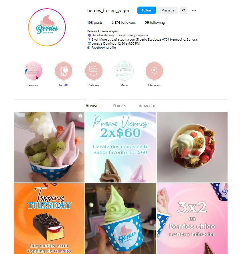 A screenshot of the Instagram profile for Berries Frozen Yogurt, showing a checkerboard pattern on their grid layout.