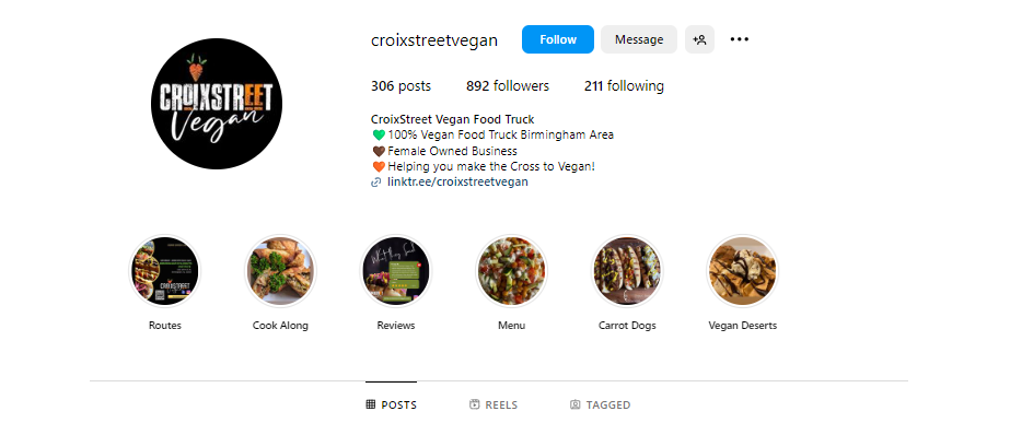 Screenshot of the Instagram profile for Croix Street Vegan, a vegan food truck in Birmingham, AL.