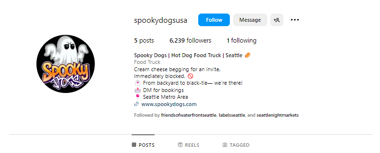 A screenshot of the Instagram profile for Spooky Dogs, a hot dog food truck based in Seattle, WA.