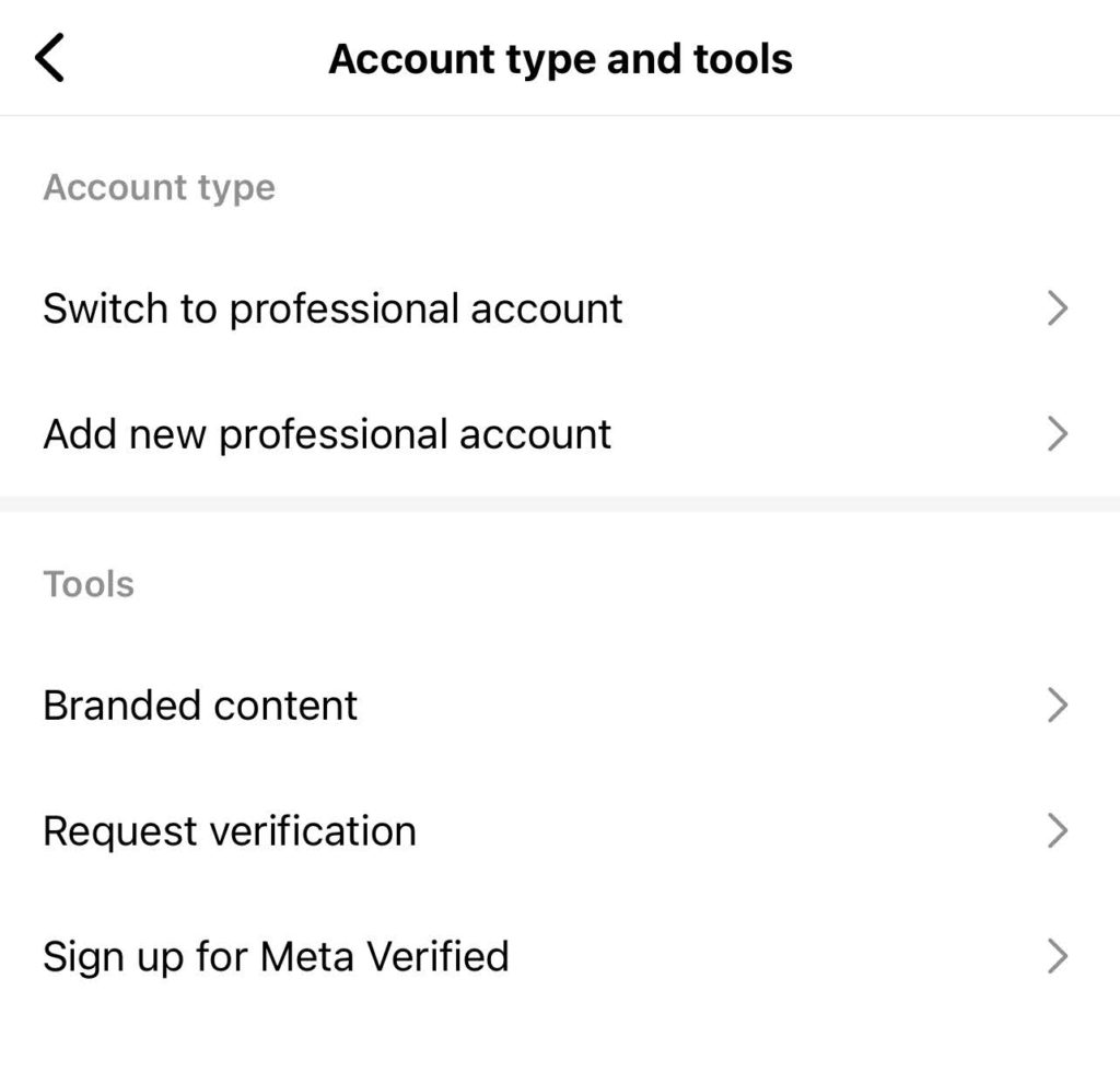 A screenshot of the Instagram app showing how to switch a personal account to a business one.