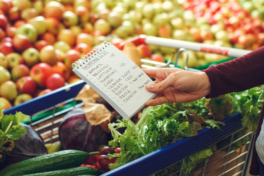 A close-up shot of a person holding a grocery list in the produce aisle over a cart filled with boxes of fresh vegetables.