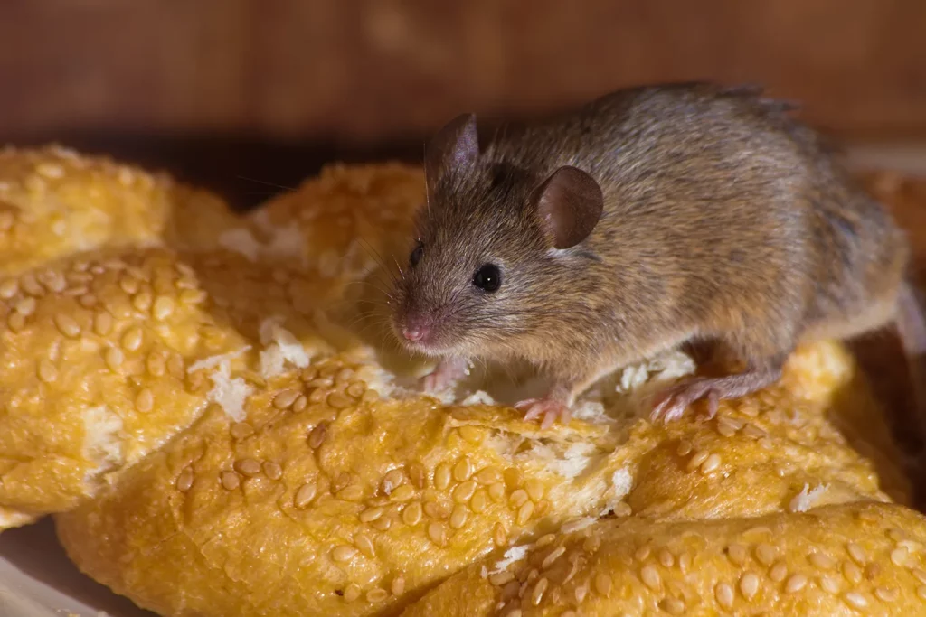 A mouse standing on a loaf of bread.